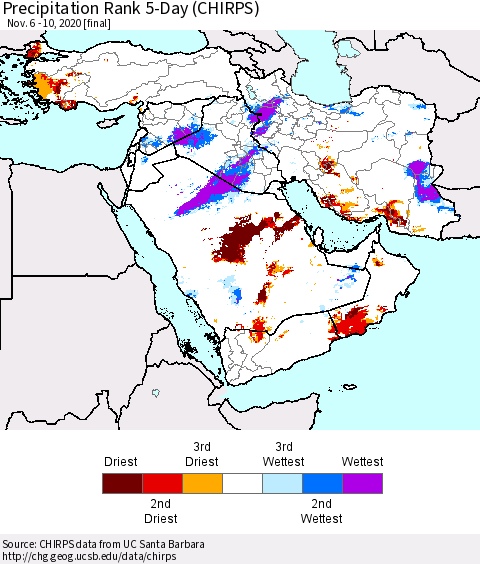 Middle East and Turkey Precipitation Rank since 1981, 5-Day (CHIRPS) Thematic Map For 11/6/2020 - 11/10/2020