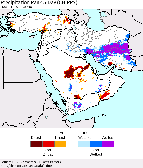 Middle East and Turkey Precipitation Rank since 1981, 5-Day (CHIRPS) Thematic Map For 11/11/2020 - 11/15/2020