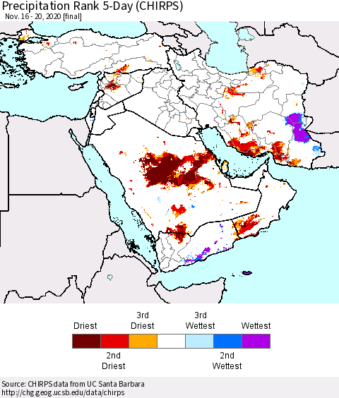 Middle East and Turkey Precipitation Rank since 1981, 5-Day (CHIRPS) Thematic Map For 11/16/2020 - 11/20/2020
