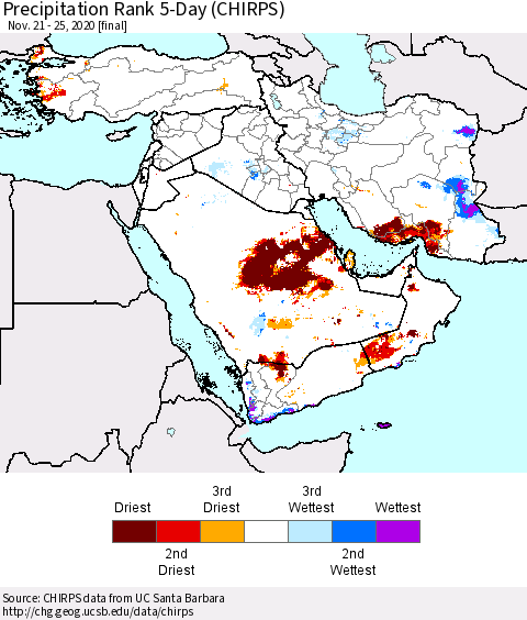 Middle East and Turkey Precipitation Rank since 1981, 5-Day (CHIRPS) Thematic Map For 11/21/2020 - 11/25/2020