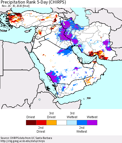 Middle East and Turkey Precipitation Rank since 1981, 5-Day (CHIRPS) Thematic Map For 11/26/2020 - 11/30/2020