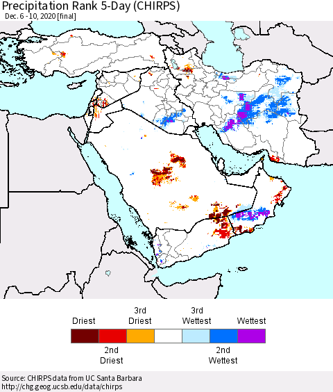 Middle East and Turkey Precipitation Rank since 1981, 5-Day (CHIRPS) Thematic Map For 12/6/2020 - 12/10/2020