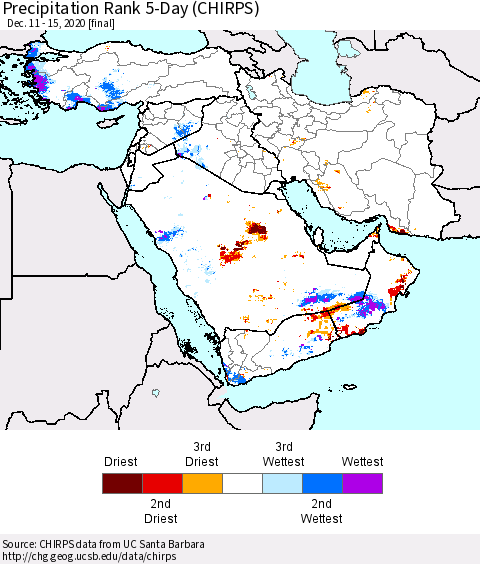 Middle East and Turkey Precipitation Rank since 1981, 5-Day (CHIRPS) Thematic Map For 12/11/2020 - 12/15/2020