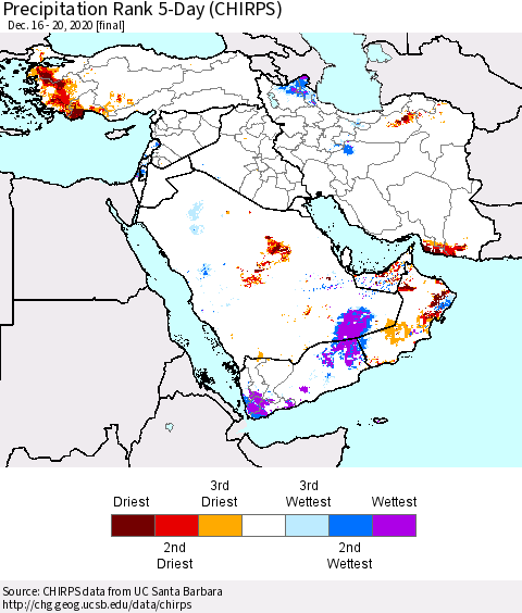 Middle East and Turkey Precipitation Rank since 1981, 5-Day (CHIRPS) Thematic Map For 12/16/2020 - 12/20/2020