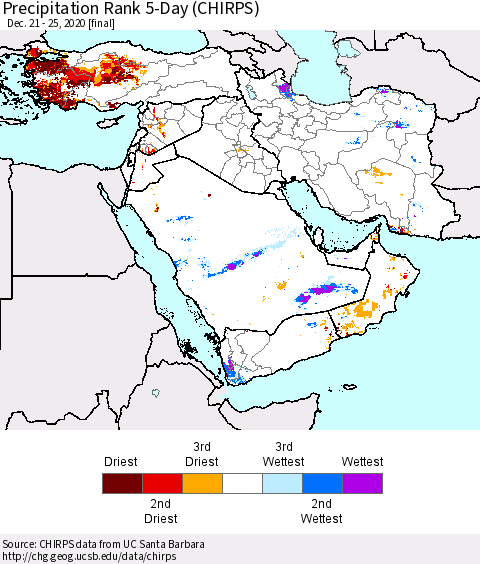 Middle East and Turkey Precipitation Rank since 1981, 5-Day (CHIRPS) Thematic Map For 12/21/2020 - 12/25/2020