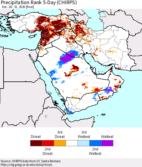 Middle East and Turkey Precipitation Rank since 1981, 5-Day (CHIRPS) Thematic Map For 12/26/2020 - 12/31/2020