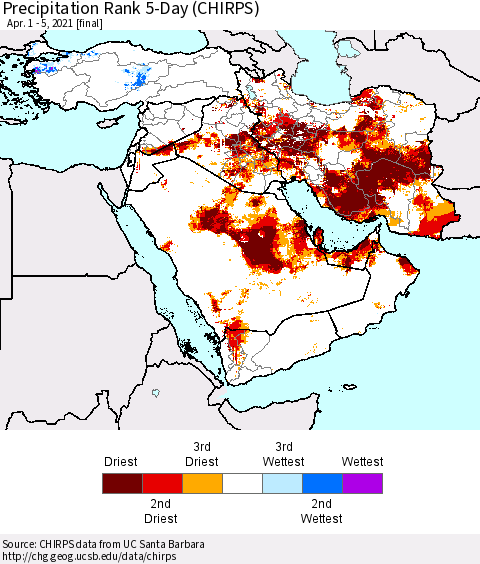 Middle East and Turkey Precipitation Rank since 1981, 5-Day (CHIRPS) Thematic Map For 4/1/2021 - 4/5/2021