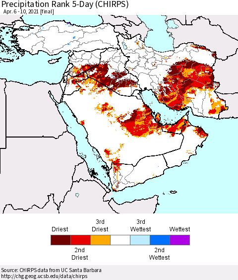 Middle East and Turkey Precipitation Rank since 1981, 5-Day (CHIRPS) Thematic Map For 4/6/2021 - 4/10/2021