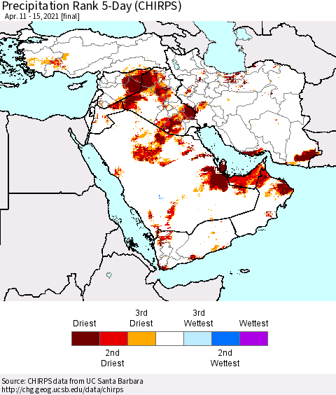 Middle East and Turkey Precipitation Rank since 1981, 5-Day (CHIRPS) Thematic Map For 4/11/2021 - 4/15/2021