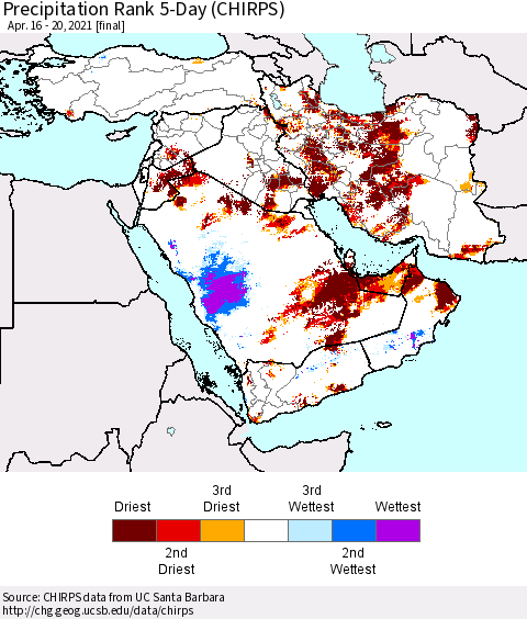 Middle East and Turkey Precipitation Rank since 1981, 5-Day (CHIRPS) Thematic Map For 4/16/2021 - 4/20/2021