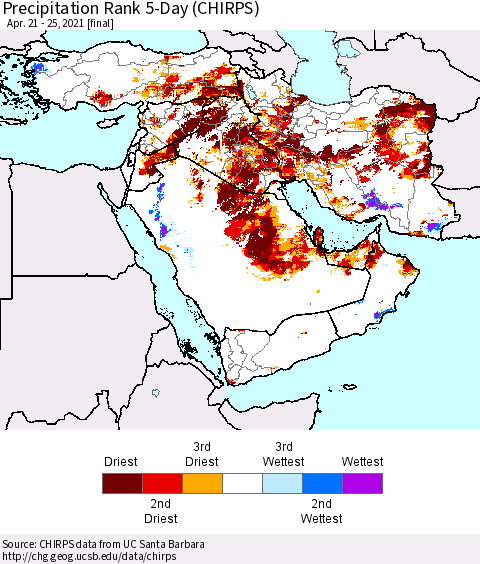 Middle East and Turkey Precipitation Rank since 1981, 5-Day (CHIRPS) Thematic Map For 4/21/2021 - 4/25/2021