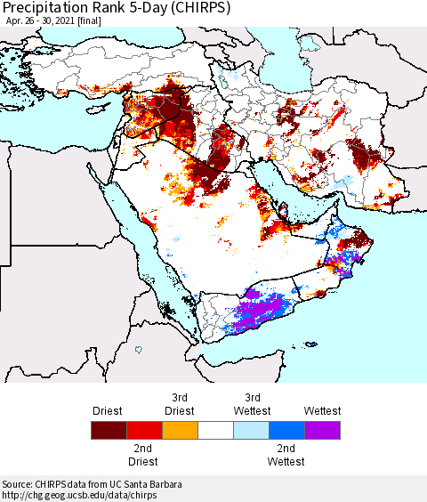 Middle East and Turkey Precipitation Rank since 1981, 5-Day (CHIRPS) Thematic Map For 4/26/2021 - 4/30/2021
