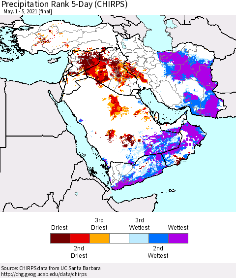 Middle East and Turkey Precipitation Rank since 1981, 5-Day (CHIRPS) Thematic Map For 5/1/2021 - 5/5/2021