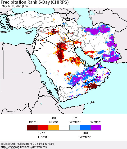 Middle East and Turkey Precipitation Rank since 1981, 5-Day (CHIRPS) Thematic Map For 5/6/2021 - 5/10/2021