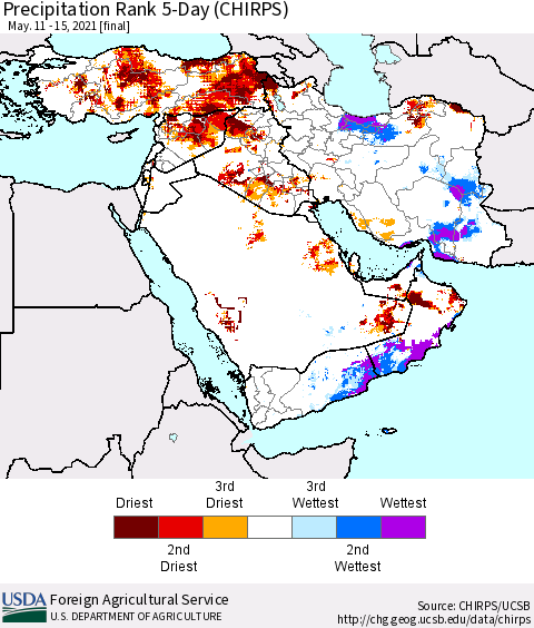 Middle East and Turkey Precipitation Rank since 1981, 5-Day (CHIRPS) Thematic Map For 5/11/2021 - 5/15/2021
