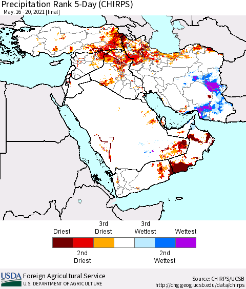 Middle East and Turkey Precipitation Rank since 1981, 5-Day (CHIRPS) Thematic Map For 5/16/2021 - 5/20/2021
