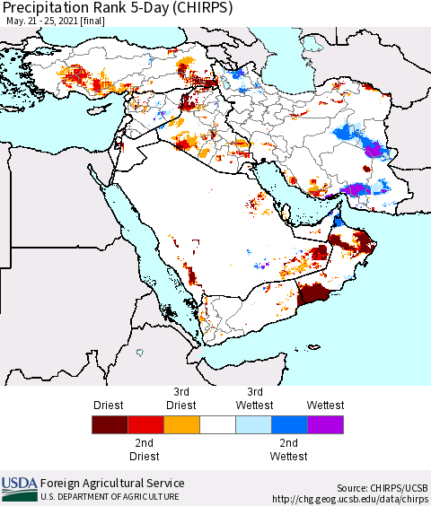 Middle East and Turkey Precipitation Rank since 1981, 5-Day (CHIRPS) Thematic Map For 5/21/2021 - 5/25/2021