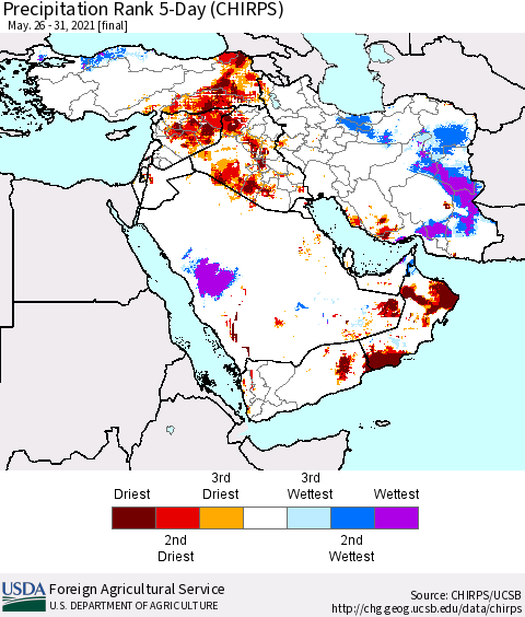Middle East and Turkey Precipitation Rank since 1981, 5-Day (CHIRPS) Thematic Map For 5/26/2021 - 5/31/2021
