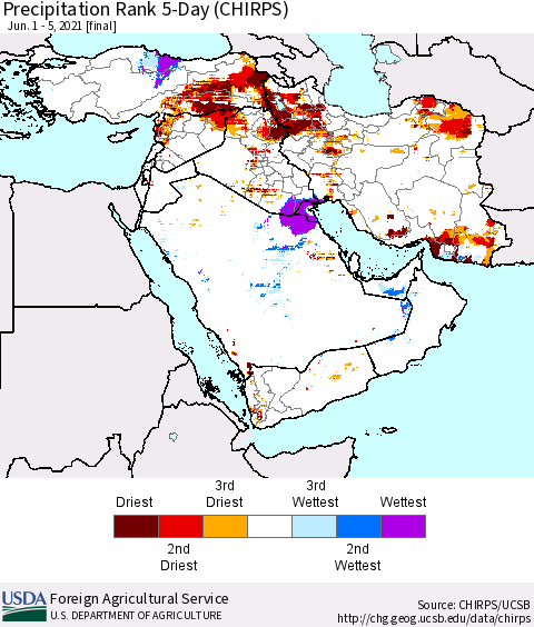 Middle East and Turkey Precipitation Rank since 1981, 5-Day (CHIRPS) Thematic Map For 6/1/2021 - 6/5/2021