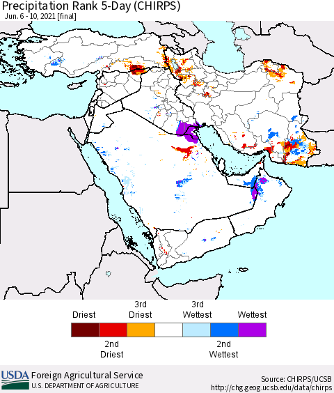 Middle East and Turkey Precipitation Rank since 1981, 5-Day (CHIRPS) Thematic Map For 6/6/2021 - 6/10/2021