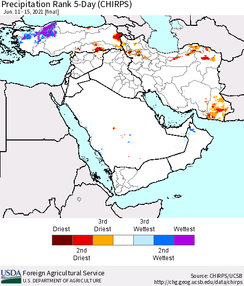 Middle East and Turkey Precipitation Rank since 1981, 5-Day (CHIRPS) Thematic Map For 6/11/2021 - 6/15/2021