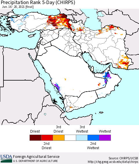 Middle East and Turkey Precipitation Rank since 1981, 5-Day (CHIRPS) Thematic Map For 6/16/2021 - 6/20/2021