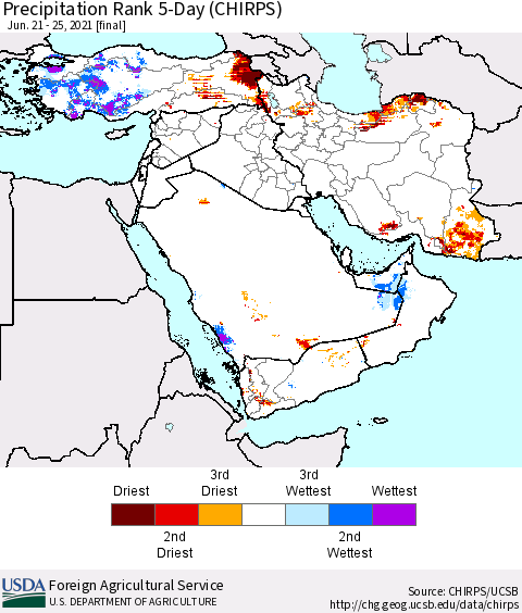 Middle East and Turkey Precipitation Rank since 1981, 5-Day (CHIRPS) Thematic Map For 6/21/2021 - 6/25/2021