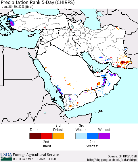 Middle East and Turkey Precipitation Rank since 1981, 5-Day (CHIRPS) Thematic Map For 6/26/2021 - 6/30/2021