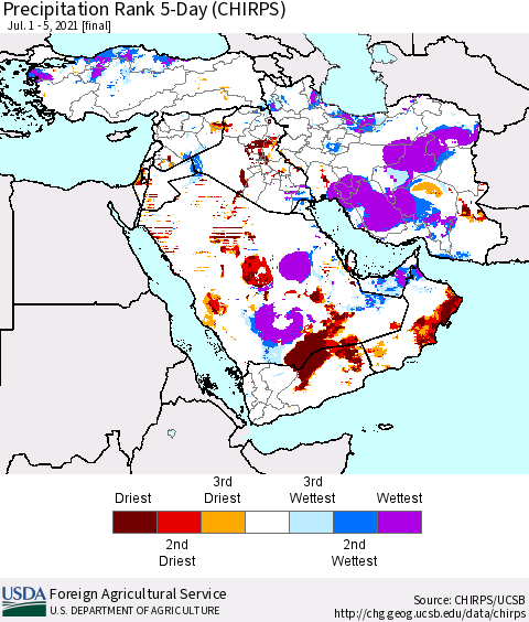 Middle East and Turkey Precipitation Rank since 1981, 5-Day (CHIRPS) Thematic Map For 7/1/2021 - 7/5/2021