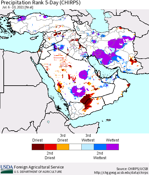 Middle East and Turkey Precipitation Rank since 1981, 5-Day (CHIRPS) Thematic Map For 7/6/2021 - 7/10/2021