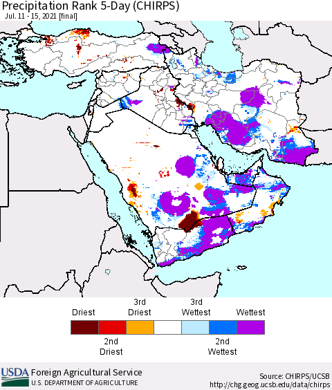 Middle East and Turkey Precipitation Rank since 1981, 5-Day (CHIRPS) Thematic Map For 7/11/2021 - 7/15/2021