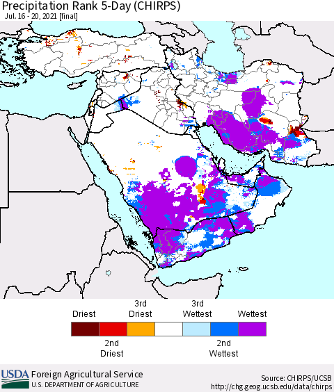 Middle East and Turkey Precipitation Rank since 1981, 5-Day (CHIRPS) Thematic Map For 7/16/2021 - 7/20/2021