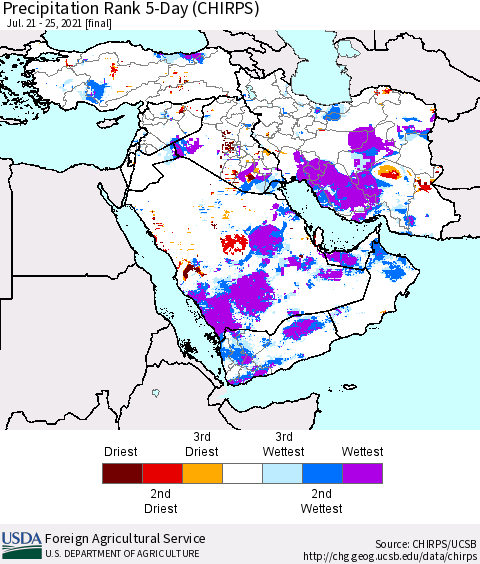 Middle East and Turkey Precipitation Rank since 1981, 5-Day (CHIRPS) Thematic Map For 7/21/2021 - 7/25/2021