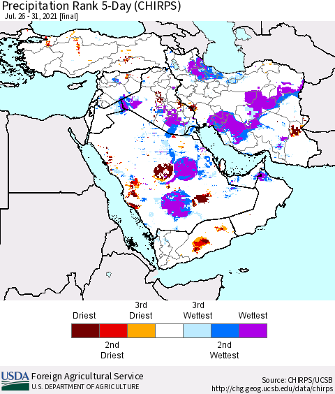 Middle East and Turkey Precipitation Rank since 1981, 5-Day (CHIRPS) Thematic Map For 7/26/2021 - 7/31/2021