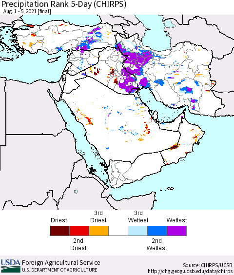 Middle East and Turkey Precipitation Rank since 1981, 5-Day (CHIRPS) Thematic Map For 8/1/2021 - 8/5/2021