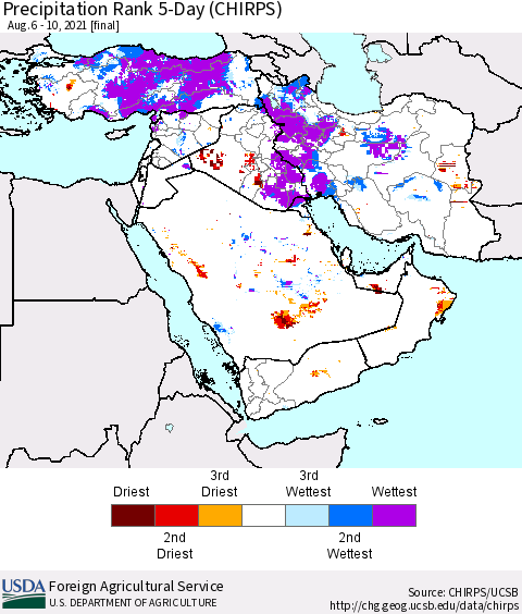 Middle East and Turkey Precipitation Rank since 1981, 5-Day (CHIRPS) Thematic Map For 8/6/2021 - 8/10/2021