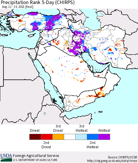Middle East and Turkey Precipitation Rank since 1981, 5-Day (CHIRPS) Thematic Map For 8/11/2021 - 8/15/2021