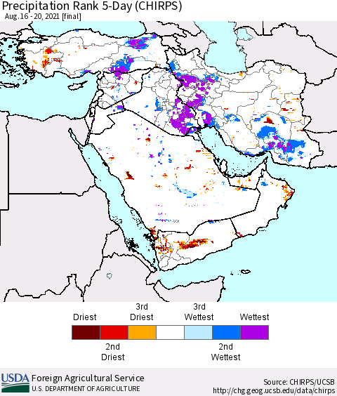 Middle East and Turkey Precipitation Rank since 1981, 5-Day (CHIRPS) Thematic Map For 8/16/2021 - 8/20/2021