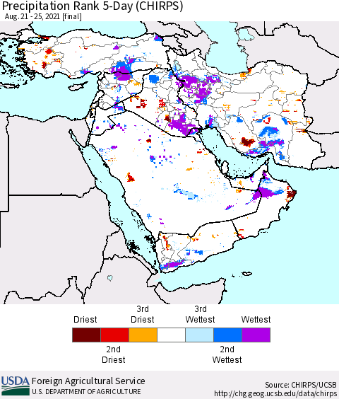 Middle East and Turkey Precipitation Rank since 1981, 5-Day (CHIRPS) Thematic Map For 8/21/2021 - 8/25/2021