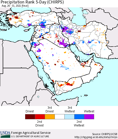 Middle East and Turkey Precipitation Rank since 1981, 5-Day (CHIRPS) Thematic Map For 8/26/2021 - 8/31/2021