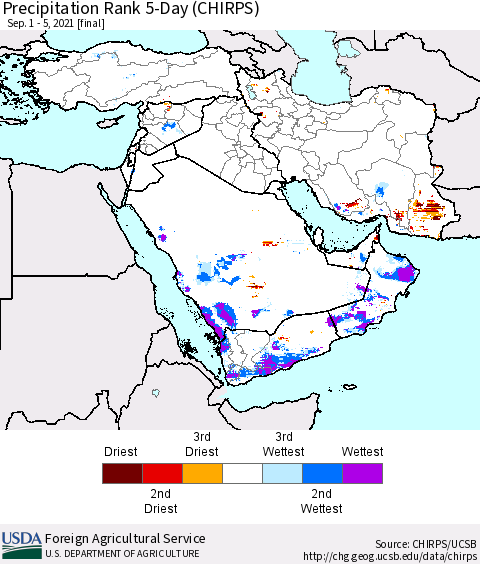 Middle East and Turkey Precipitation Rank since 1981, 5-Day (CHIRPS) Thematic Map For 9/1/2021 - 9/5/2021