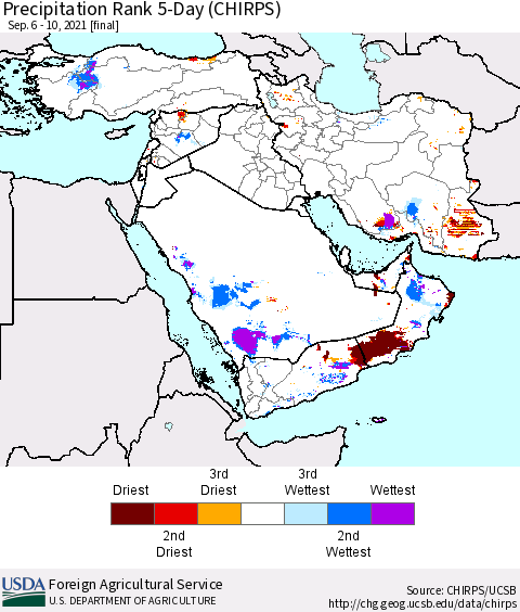 Middle East and Turkey Precipitation Rank since 1981, 5-Day (CHIRPS) Thematic Map For 9/6/2021 - 9/10/2021