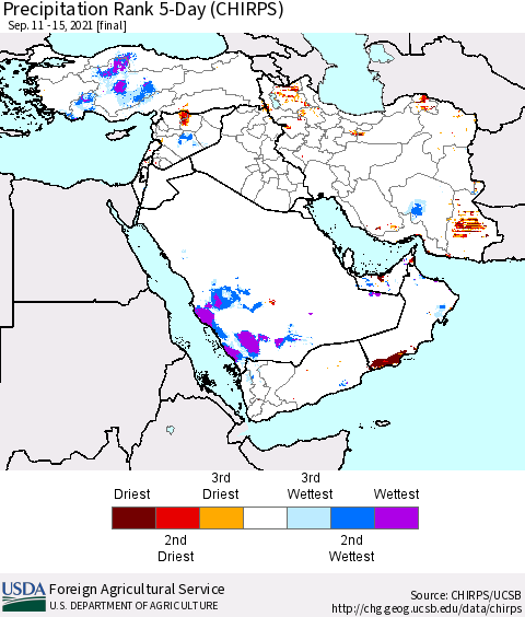 Middle East and Turkey Precipitation Rank since 1981, 5-Day (CHIRPS) Thematic Map For 9/11/2021 - 9/15/2021