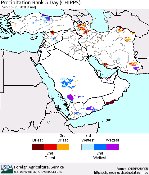 Middle East and Turkey Precipitation Rank since 1981, 5-Day (CHIRPS) Thematic Map For 9/16/2021 - 9/20/2021