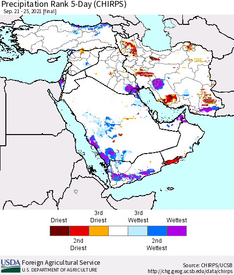 Middle East and Turkey Precipitation Rank since 1981, 5-Day (CHIRPS) Thematic Map For 9/21/2021 - 9/25/2021
