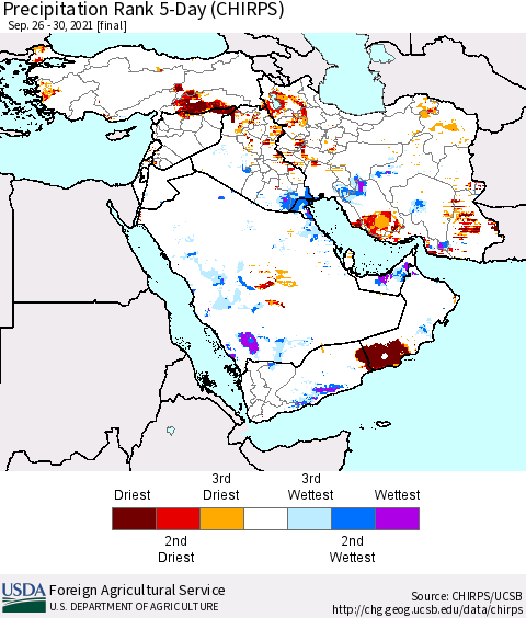 Middle East and Turkey Precipitation Rank since 1981, 5-Day (CHIRPS) Thematic Map For 9/26/2021 - 9/30/2021
