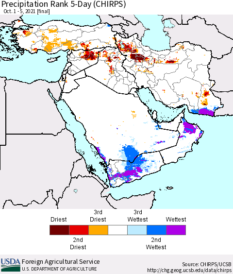 Middle East and Turkey Precipitation Rank since 1981, 5-Day (CHIRPS) Thematic Map For 10/1/2021 - 10/5/2021
