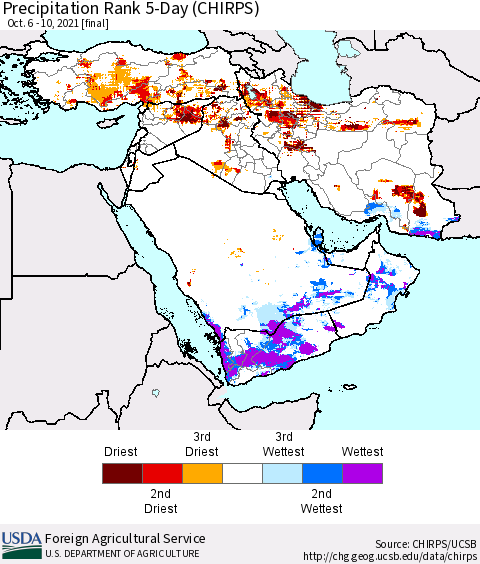 Middle East and Turkey Precipitation Rank since 1981, 5-Day (CHIRPS) Thematic Map For 10/6/2021 - 10/10/2021