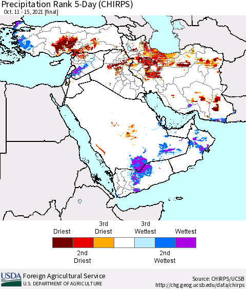 Middle East and Turkey Precipitation Rank since 1981, 5-Day (CHIRPS) Thematic Map For 10/11/2021 - 10/15/2021