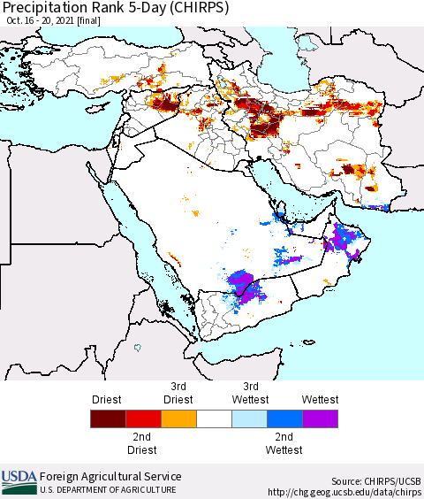 Middle East and Turkey Precipitation Rank since 1981, 5-Day (CHIRPS) Thematic Map For 10/16/2021 - 10/20/2021